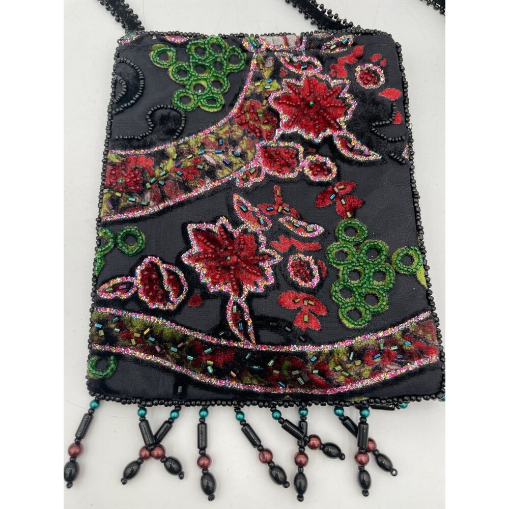 Black Velvet Beaded Crossbody Bag Floral Embroidery Fringe Accents 21" Strap Dro - Picture 2 of 5